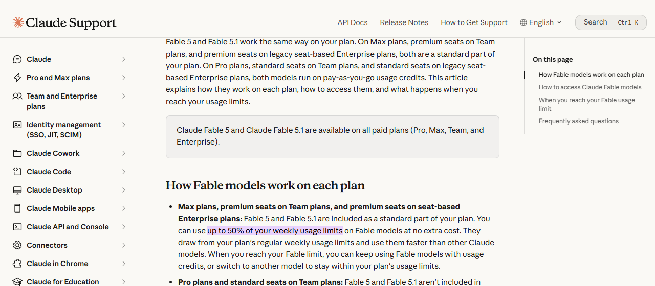 Anthropic support article: on Max plans you can use up to 50% of your weekly usage limits on Fable models, and they draw from the regular weekly limits faster than other Claude models