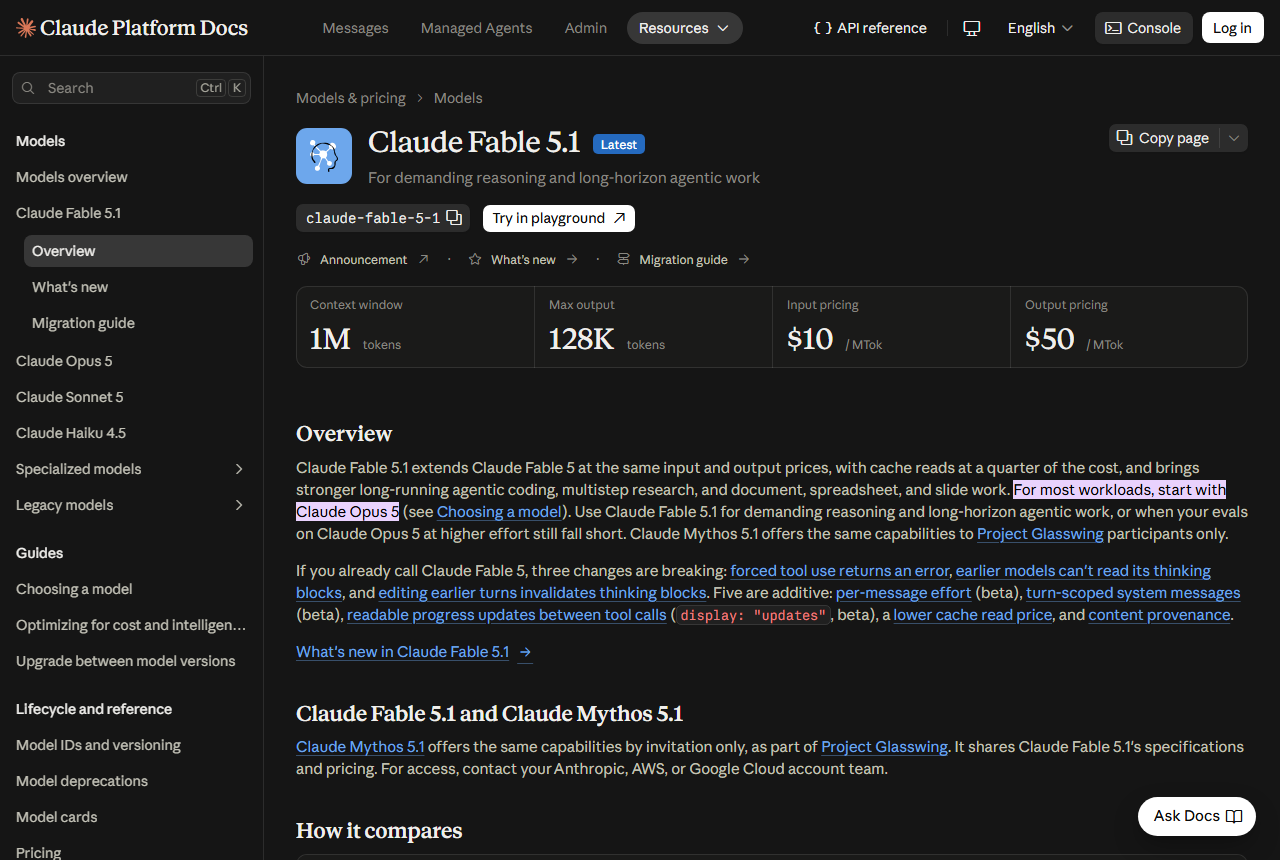 Claude Fable 5.1 overview page: for most workloads, start with Claude Opus 5; use Fable 5.1 for demanding reasoning or when your evals on Opus 5 at higher effort still fall short