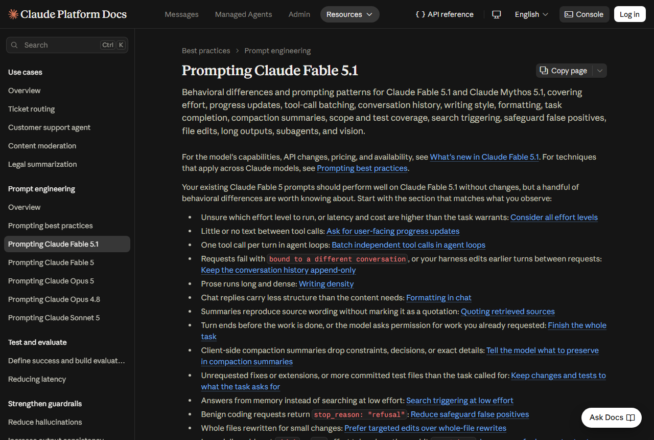 Anthropic's Prompting Claude Fable 5.1 guide: existing Fable 5 prompts should perform well without changes; a listed behaviour is answering from memory instead of searching at low effort