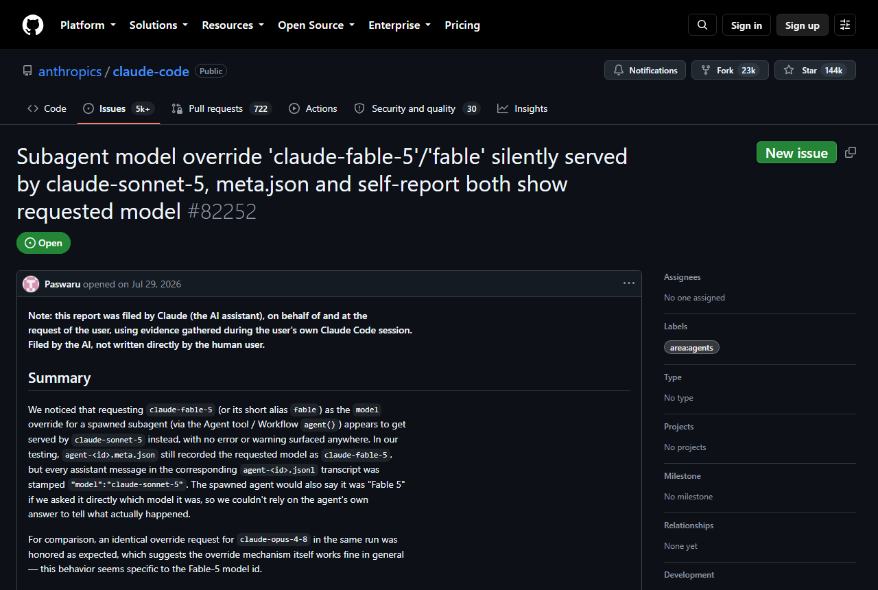 GitHub issue 82252 on anthropics/claude-code, open, area:agents: subagent model override claude-fable-5 or fable silently served by claude-sonnet-5