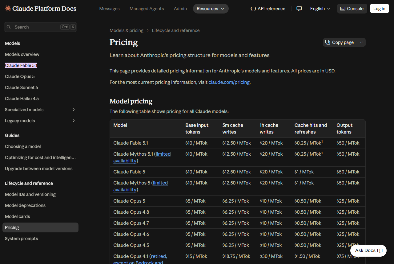 Anthropic pricing table: Claude Fable 5.1 cache hits $0.25 per MTok, Fable 5 $1, Opus 5 $0.50